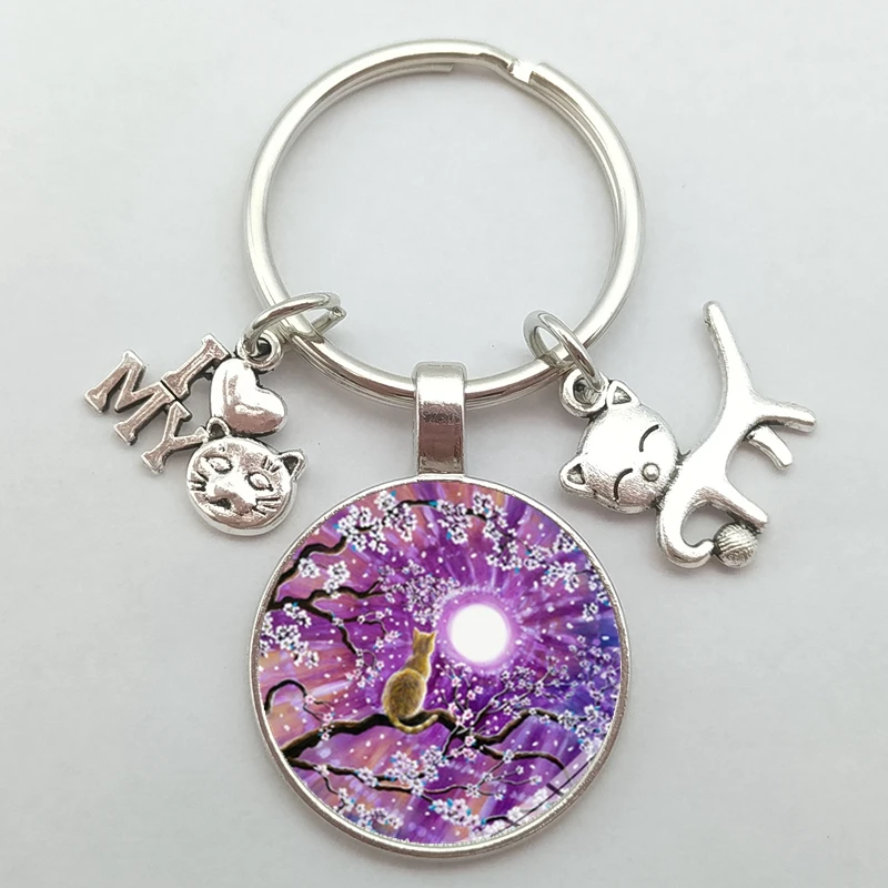 Cute Anime Cat Under Night Sky Keychain with Cat Pendent Fashion Animal Women Purse Bag Car Pendant Key Chain Ring Holder image 2