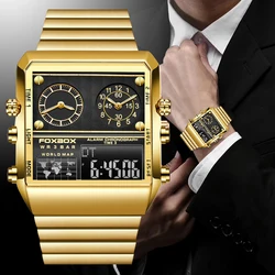 LIGE  2023 New Top Brand Luxury Fashion Men Watches Gold Stainless Steel Sport Square Digital Analog Big Quartz Watch for Man