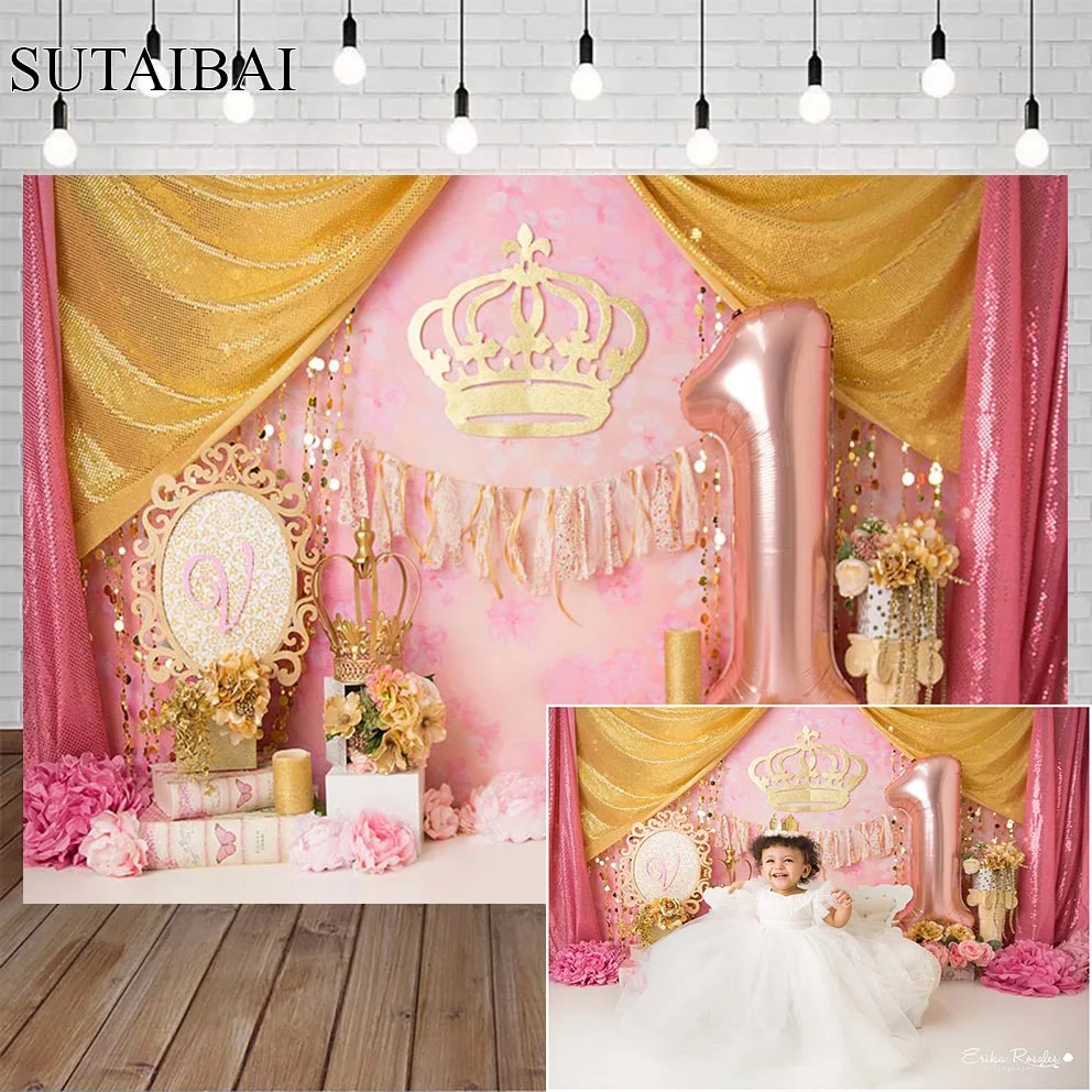 

Little Princess Girl 1st Birthday Photo Background Pink Flowers Palace Brick Wall Child Birthday Theme Backdrop Banner Portrait