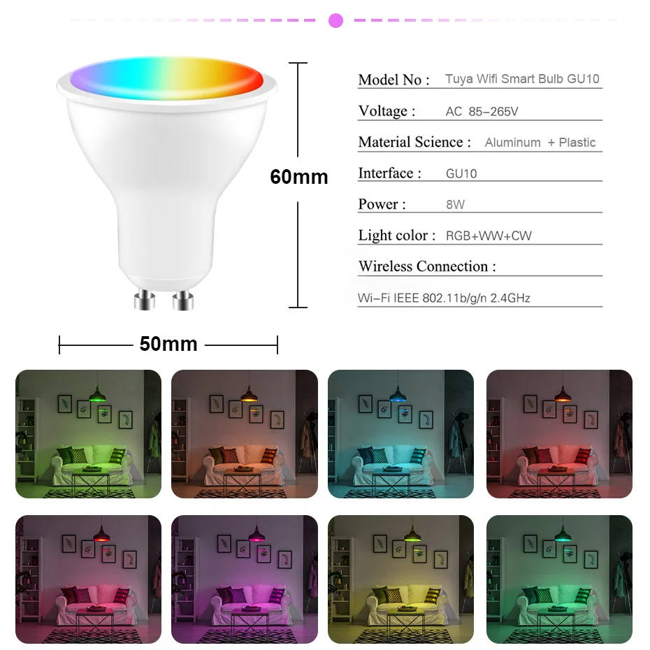 GU10 Led Smart Light Bulb 8W RGBW RGBWW Decoration Tuya WiFi Smart Life Led Lamp Work With Alexa Google Home Voice Control