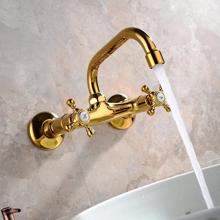 Wall mounted gold brass bathroom sink faucet cold hot basin tap double handle control tap European faucet