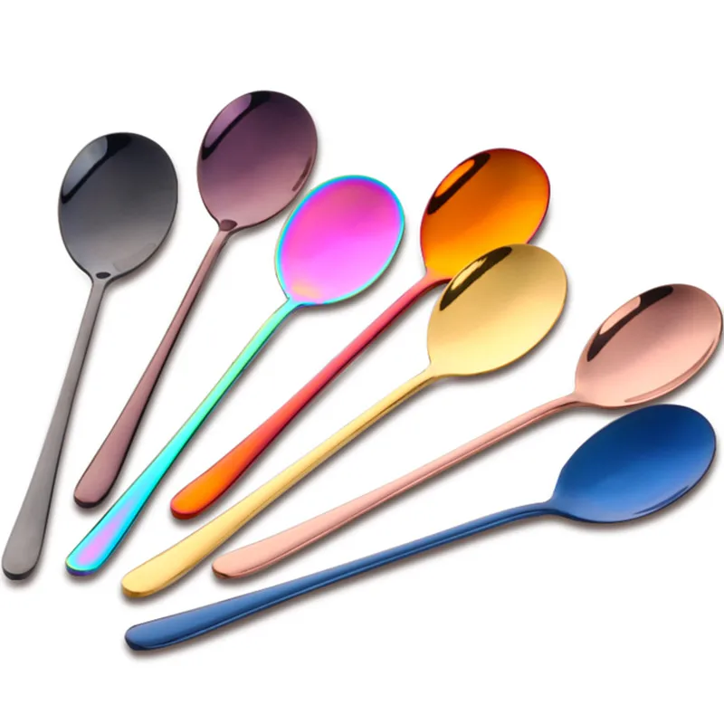 Korean Spoon with Long Handle, Stainless Steel Dinner Spoon,Gold Soup Spoon, Dessert, Ice Scoop, Kitchen, Rice, Salad Spoon