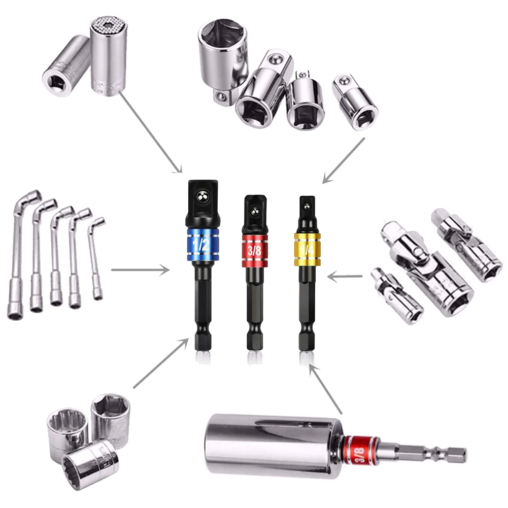 Impact Socket Adapter Extension Set 1/4" 3/8" 1/2" Turns Power Drill Into High Speed Nut Driver 3PCS Universal