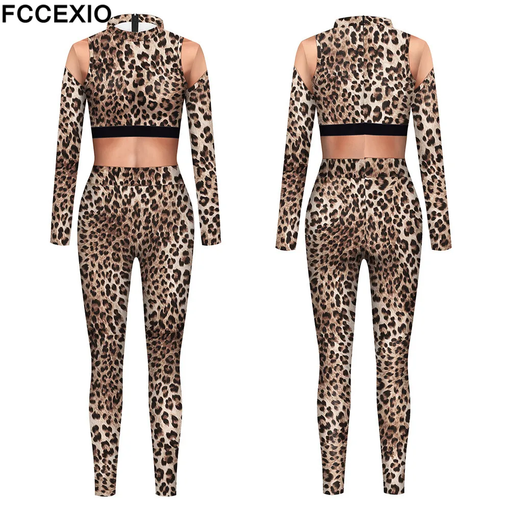 FCCEXIO Purim Cosplay Leopard Suit Fashion 3D Animal Leopard Print Women Costume Jumpsuit Sexy Bodysuits For Female