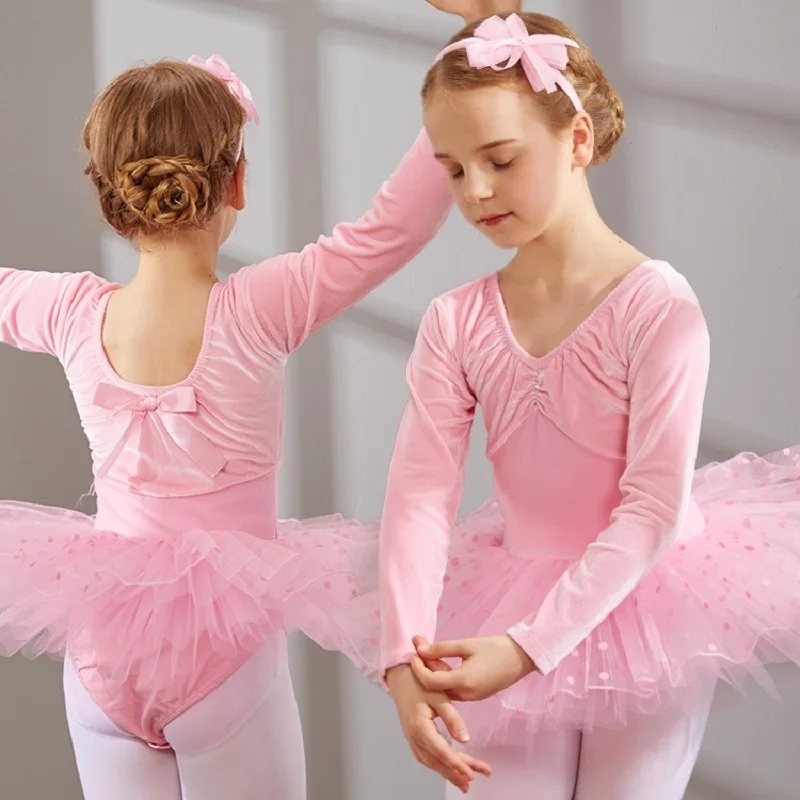 Robe de danse à manches longues pour filles, vêtements de danse de Ballet en coton avec Tulle, robe de spectacle sur scène pour tout-petits, robe Tutu pour enfants, jupes de danse