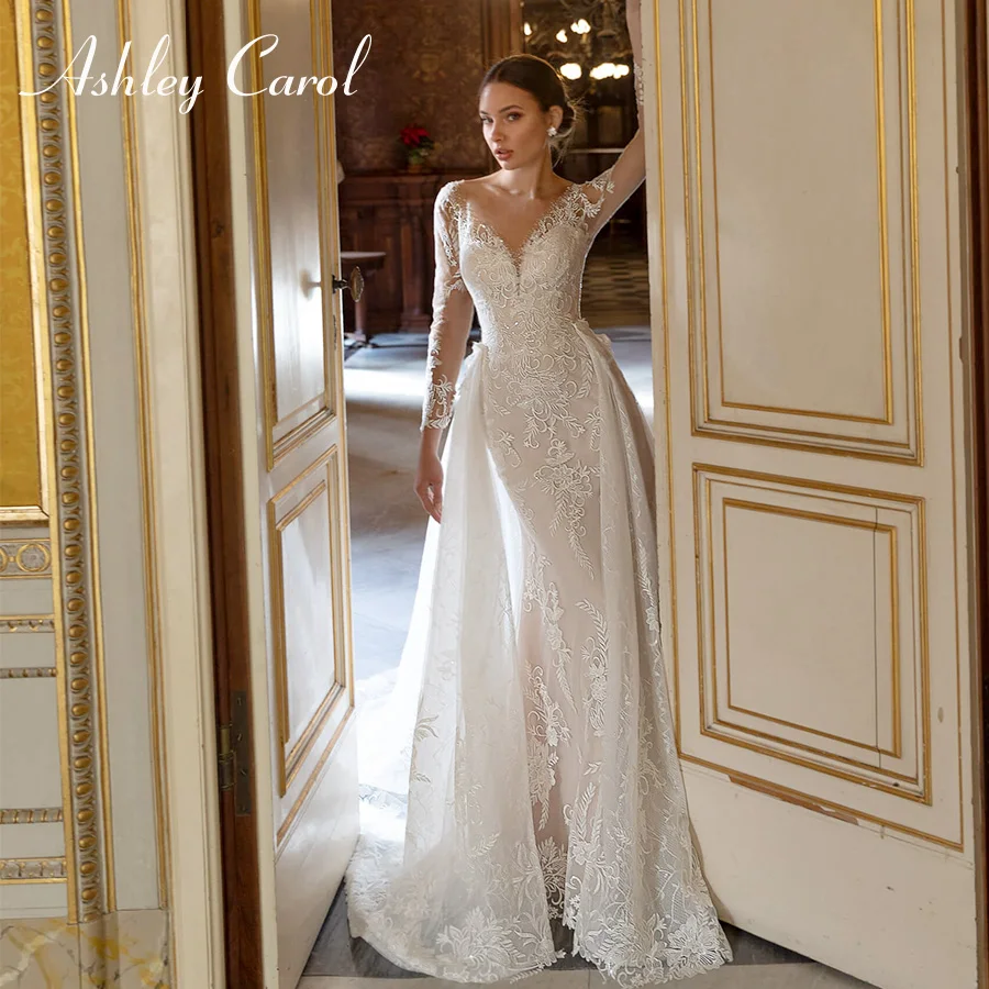 Ashley Carol – robe de mariée sirène Sexy, 2 en 1, manches longues, détachables, avec des Appliques en dentelle, romantique, 2023