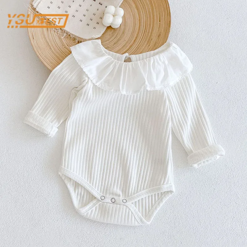 Infant Baby Girls Long Sleeves Pure Color Knit Rompers Lotus Leaf Collar Baby Children Jumpsuit Spring Autumn Baby Girls Rompers