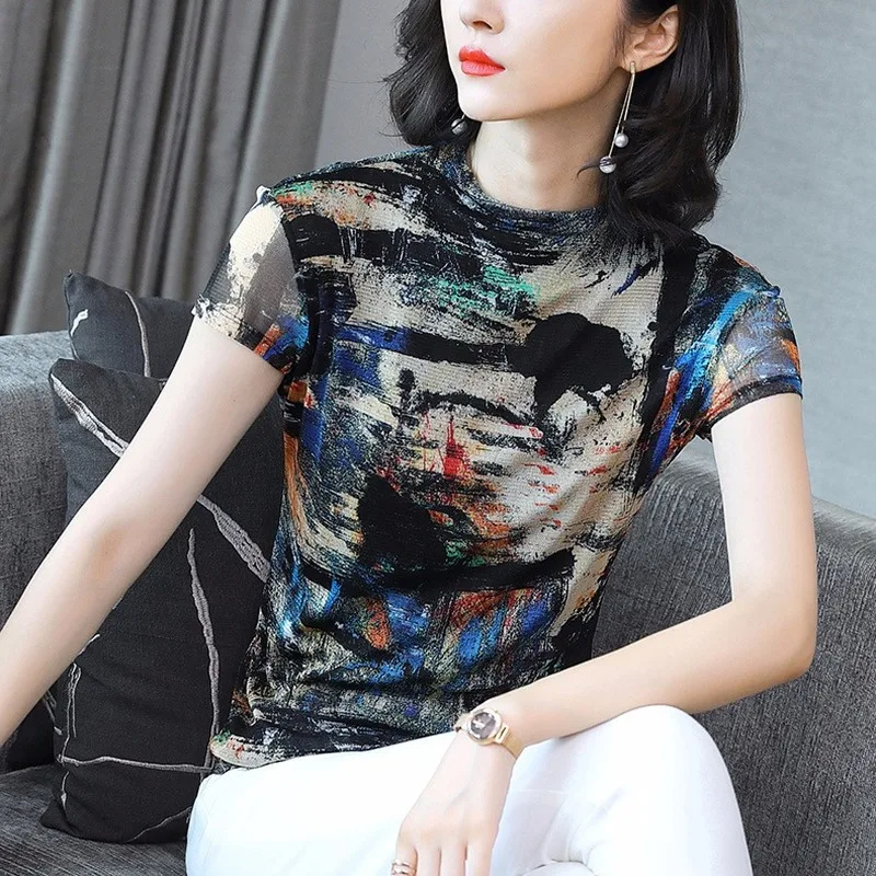 

Lace Stitching Short-sleeved Bottoming Shirt Female Round Neck Stretch Mesh Printing Fashion Blouse Pullover Women Spring Summer