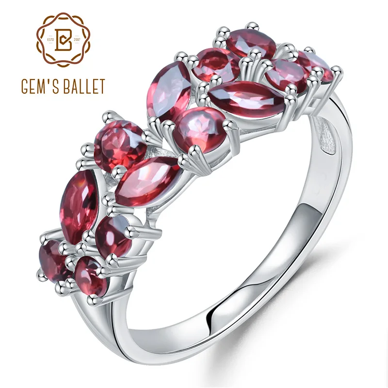 

GEM'S BALLET 925 Sterling Silver Rose Gold Plated Wedding Band 2.47Ct Natural Red Garnet Gemstone Rings for Women Fine Jewelry