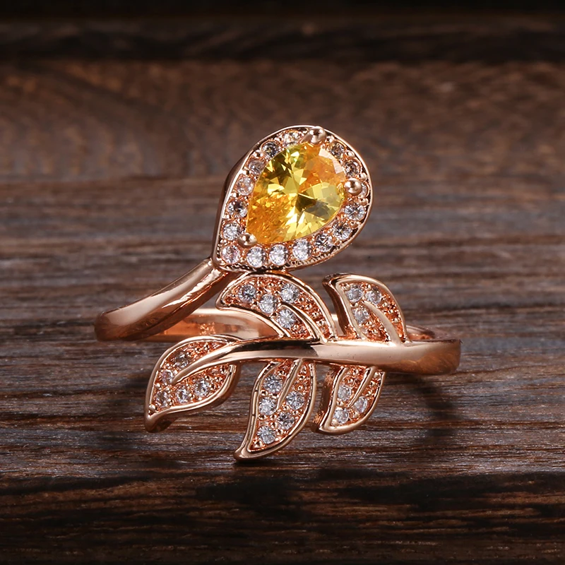 Kinel Yellow Natural Zircon 585 Rose Gold Ring Hollow Crystal Flower Ethnic Bride Wedding Rings for Women Vintage Fine Jewelry