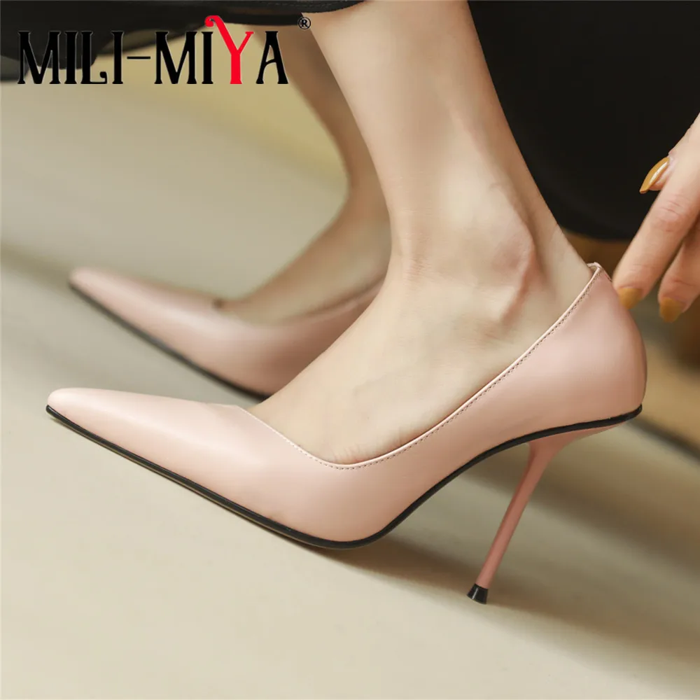 

MILI-MIYA Women Pumps Spring Summer Sexy Stiletto High Heels Genuine Leather Pointed Toe Basic Slip On Party Office Lady Shoes