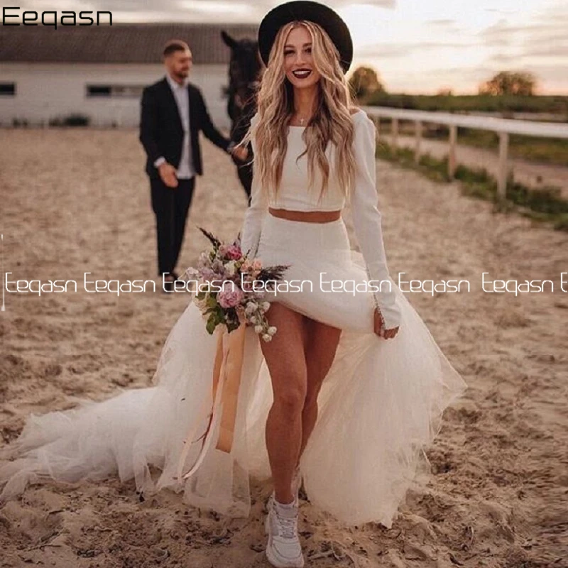 Eeqasn vestido de novia Vintage de dos piezas, manga larga, hombros descubiertos, vestidos de novia de playa, bata hecha a medida