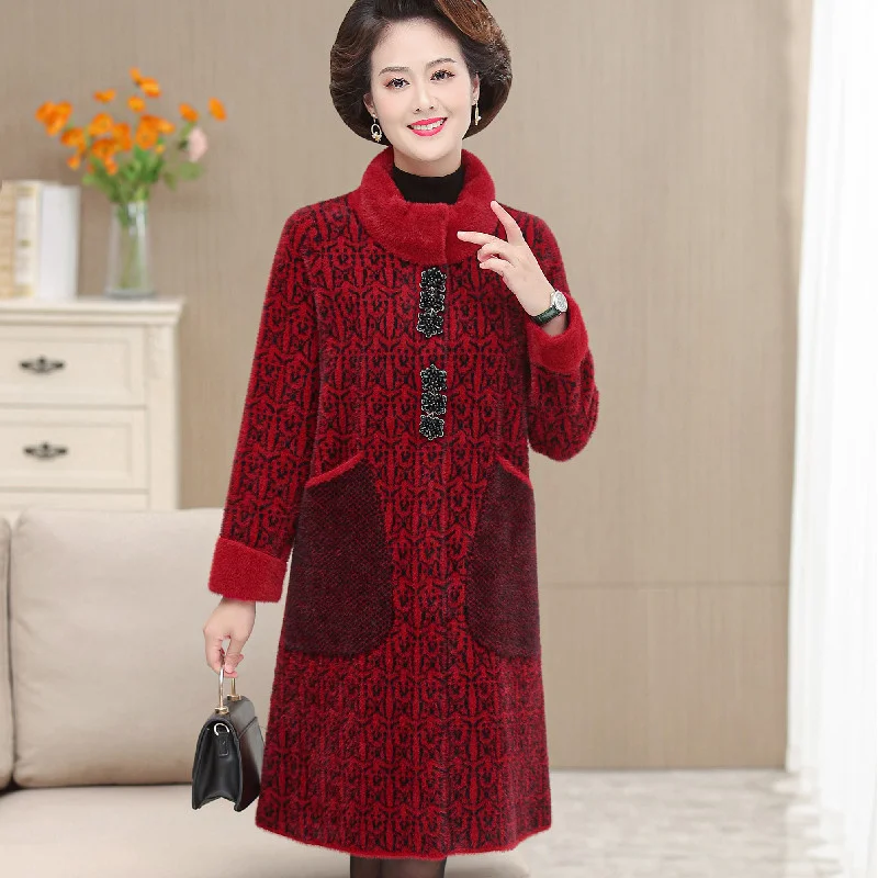 Autumn Winter Imitation mink Velvet Coat Women Middle Aged Mother Mid-length Casual Loose Thicken Woolen Jacket Female Overcoat