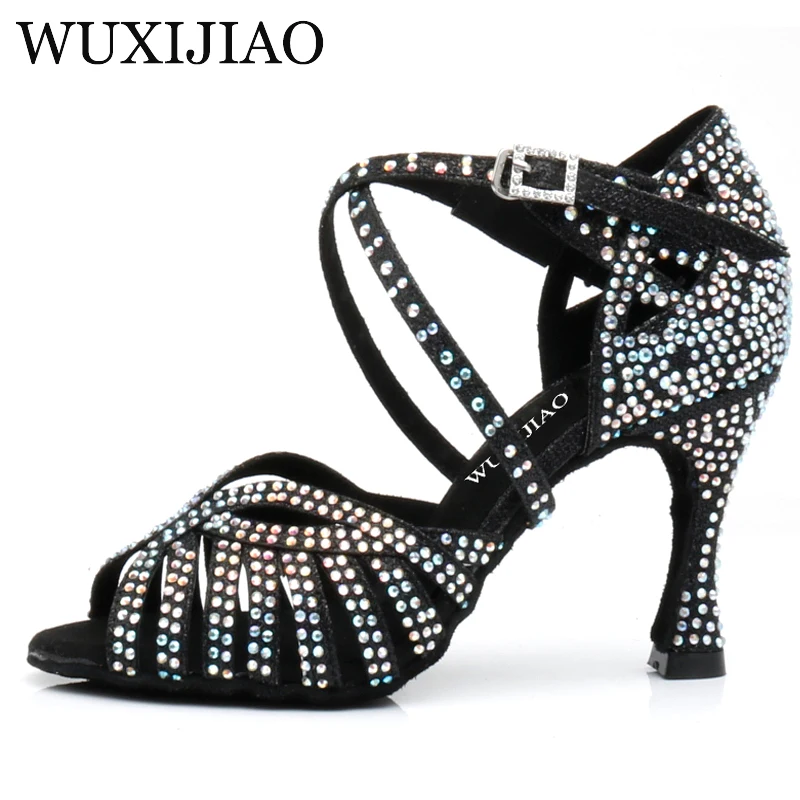 WUXIJIAO Latin dans ayakkabıları kadın yüksek topuklu siyah gümüş altın glitter altın kumaş rahat salsa ayakkabı salsa parti ayakkabıları
