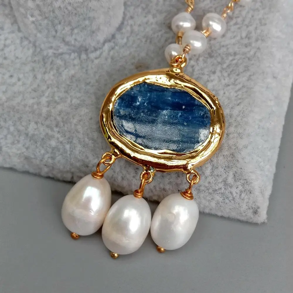 YYGEM Natural Cultured White freshwater Pearl Rosary Chain Necklace Blue Kyanite Rice Pearl Pendant 18\