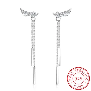 Elegante Fashion Argento Sterling 925 di Cristallo Ali di Angelo Lunga Nappa Chian Orecchini Con Perno Per Le Donne brincos S-E223