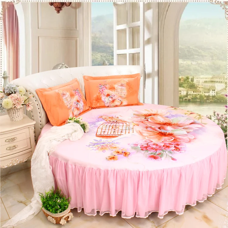 Round Corner Bed Bedding Sets king queen Size Ruffle Orange FLORAL Cotton Printed Duvet Cover Round Bedskirt Pillow Case Sets