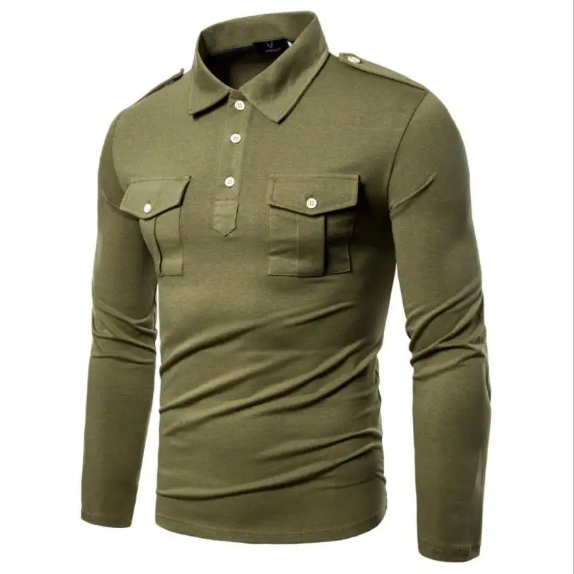 

Polos Hombre 2021 Military Double Pocket Long Sleeve Slim Fit Shirts Streetwear Tops High Quality Men Polos Para Hombre w2141