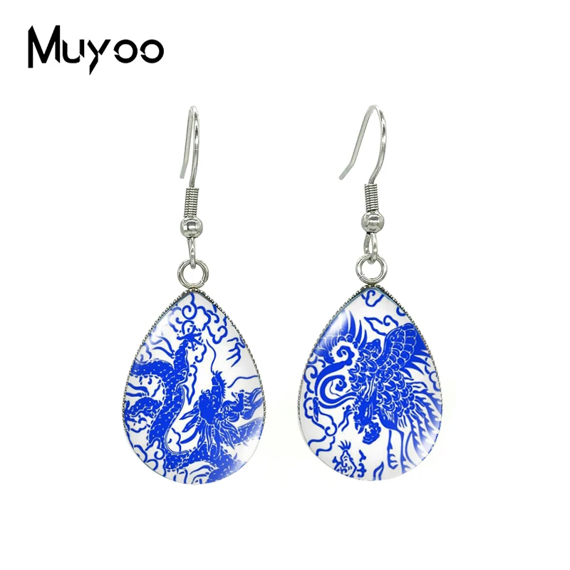 2020 New Blue White Porcelain Pattern Earring Flower Art Panting Tear drop Earring Glass Cabochon Hook Earrings Jewelry