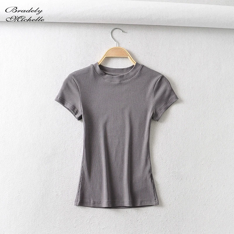 BRADELY MICHELLE Summer Women Basic O-neck Short-sleeve T-shirt Slim Elastic Basic Tees