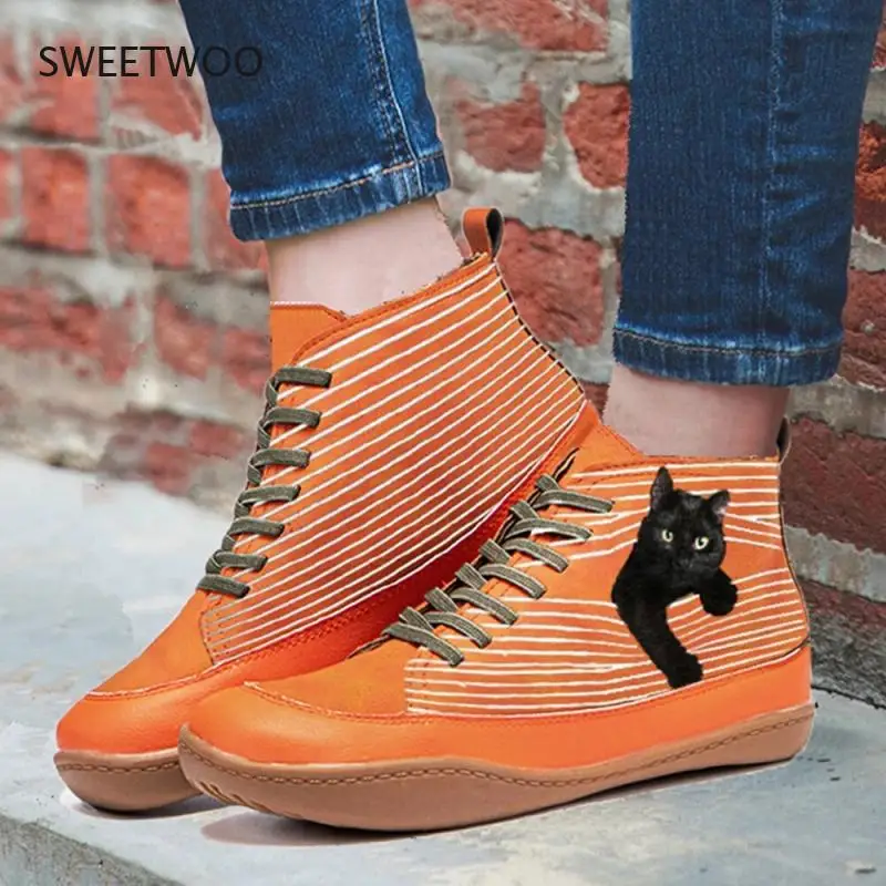 Women Retro Warm Ankle Boots Cat Print Suede Buckle Casual Flat Ankle Boots Autumn Winter