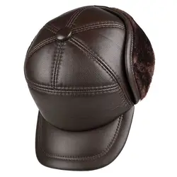 Winter outdoor Men's Leather Hat Thicken Leather Cowhide Baseball Caps keep warm With Ears Warm  Dad's Hats Sombrero