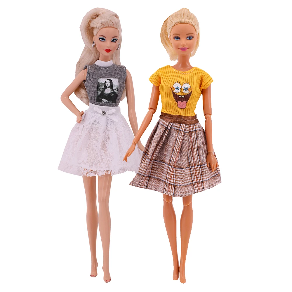 2 Cái/bộ Barbies Quần Áo Handmade Hoa Văn Hoạt Hình Áo Quần Short Đồng Nhất Đầm Phù Hợp Với 11.8Inch Barbies Búp Bê, BJD 30Cm Búp Bê, Đồ Chơi Cho Bé Gái