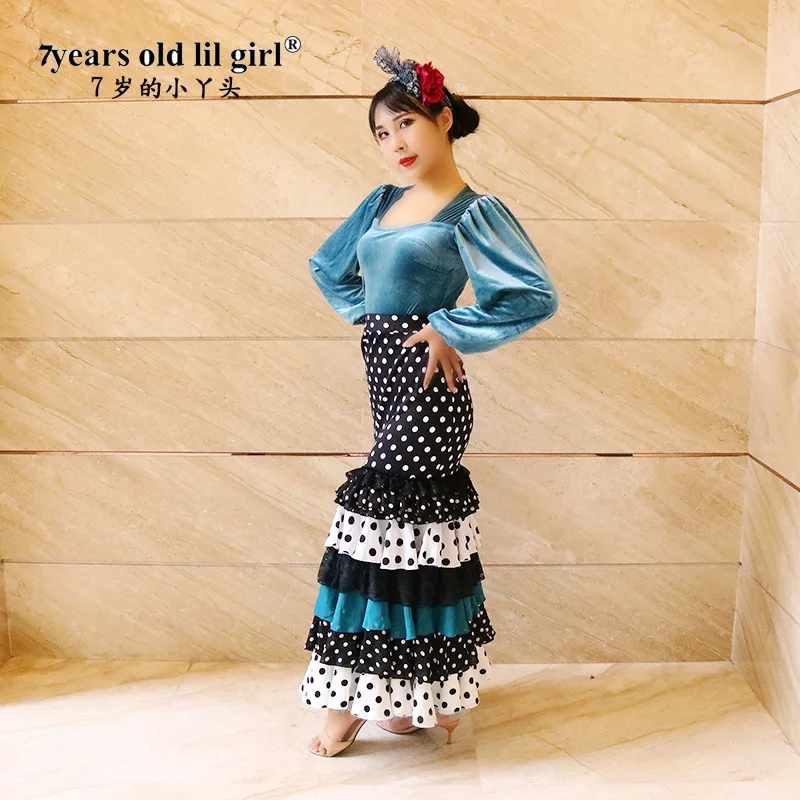 

Spanish Dance Dress Flamenco Practice Skirt Multilayer Wear Women Fishtail GZ01