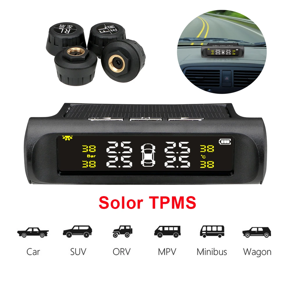 Solar TPMS Car Tire Pressure Sensors Monitoring System On Board Computer Kit Digital Off Road 4x4 SUV MPV Automobile Accessories