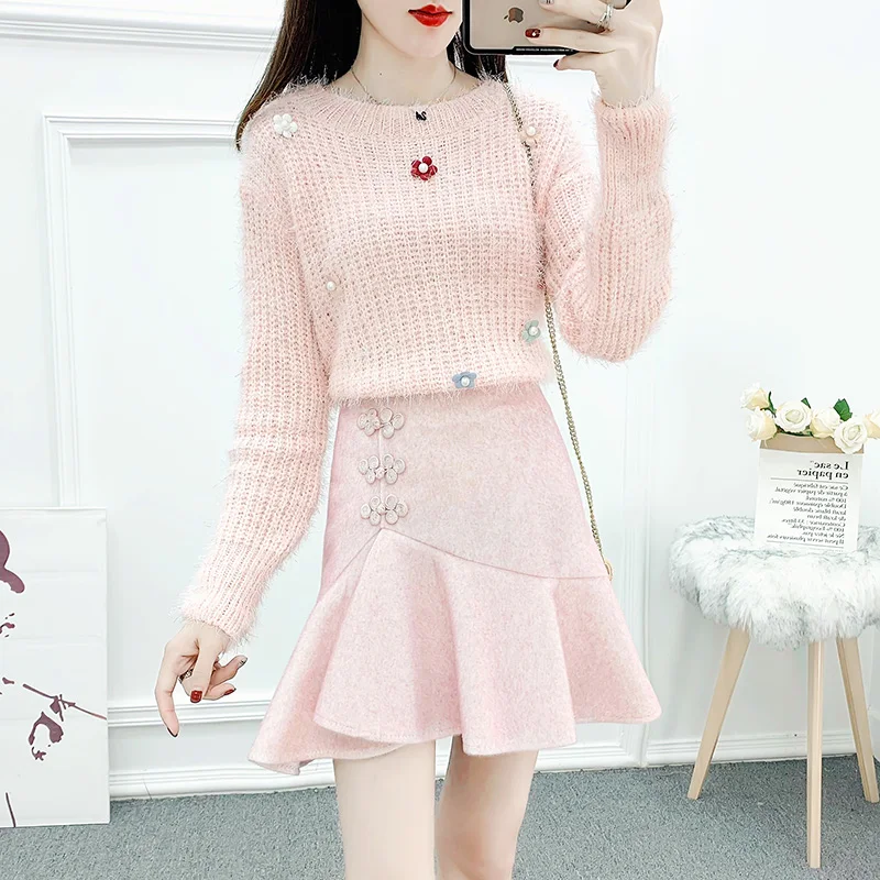 BLLOCUE Autumn Runway Women Long Sleeve pullover Knitting Sweater Top + Retro Plate Buckle Mermaid Mini Skirt 2 Piece Sets