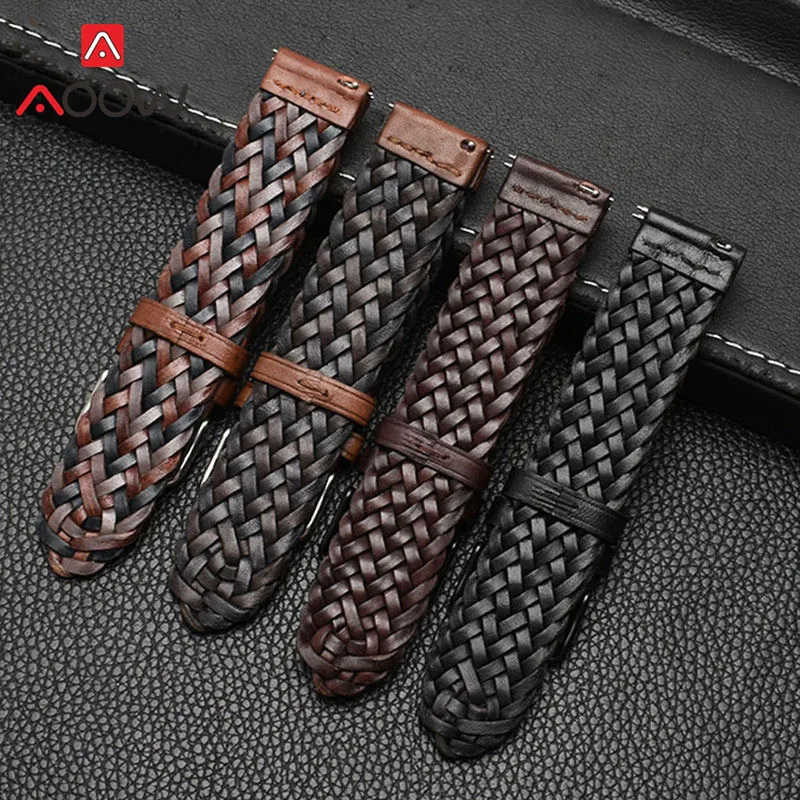 20mm 22mm 24mm Braided Genuine Leather Strap Quick Release Men Women Replacement Bracelet Belt Wrist Band for Smart Watch Brown