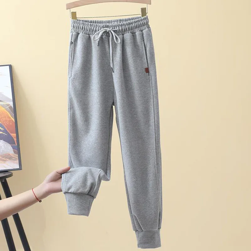 Calças femininas calças de cintura elástica gravata pés harem calças esportivas casuais primavera outono sweatpants branco preto cinza feminino