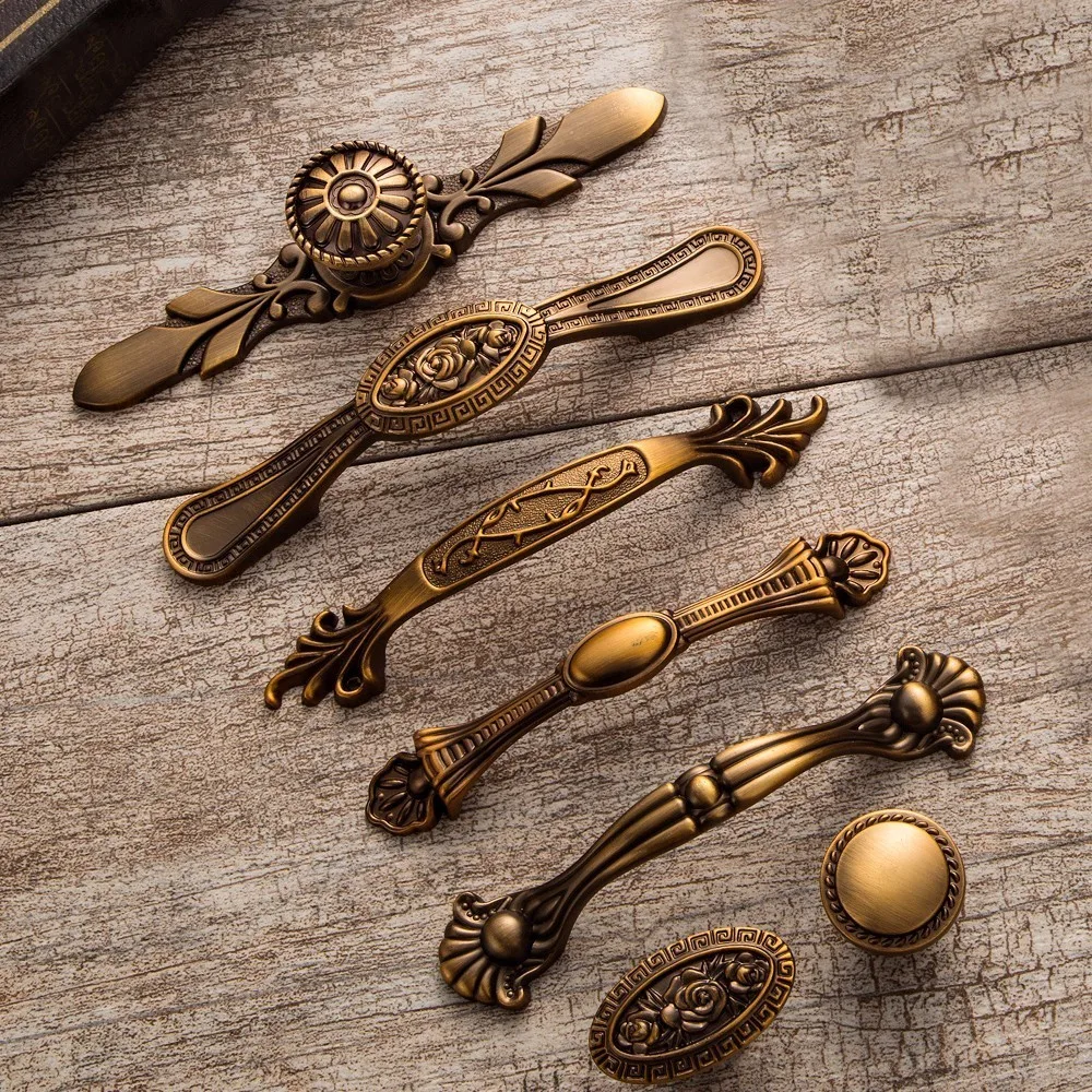 Yellow Bronze Door Handles Noble Antique Drawer Pulls Vintage Kitchen Cabinet and Knobs Retro Furniture