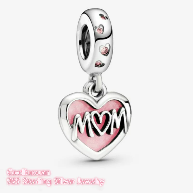 

Mother's Day 100% 925 Sterling Silver Mom Script Heart Dangle Charm beads Fits Original Pandora bracelets Jewelry Making