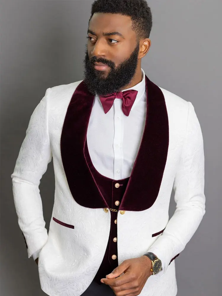 Costume à motif bordeaux pour homme, blazer de mariage Jacquard, Tuxedos masculin, vêtements de marié trois pièces, châle, revers, veste de bal, gilet et pantalon