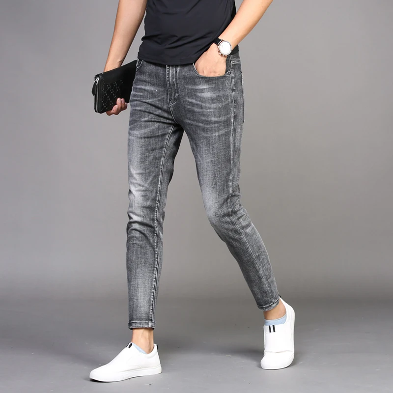 Men Jeans Summer Casual Stretch Slim Fit Ankle-Length Pants Fashion Korean Style Thin Cotton Grey Denim Trousers