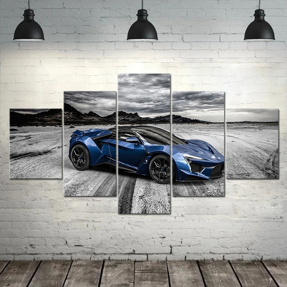 No Framed Canvas 5Pcs Flashy Blue Luxury Sports Car Wall Posters Pictures Painting Home Decor Accessories Living Room Decoration