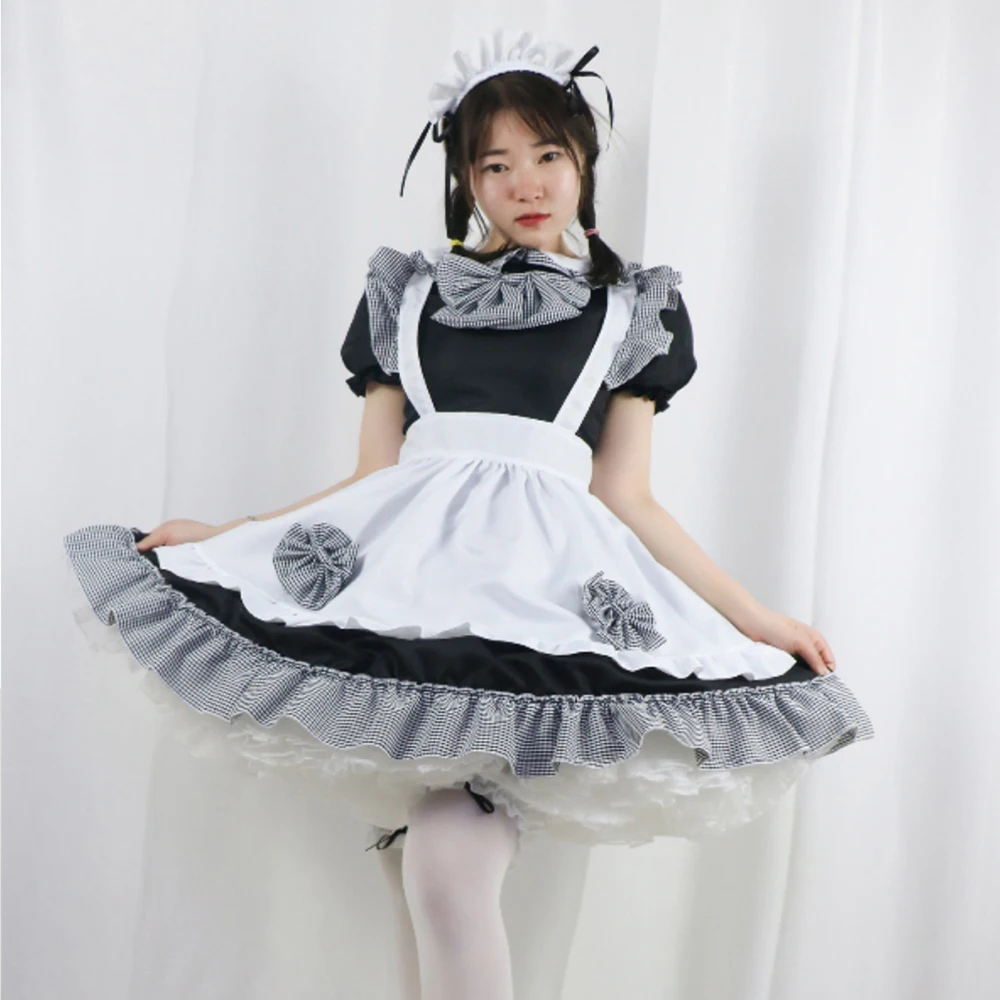 

Cosplay Japanese Anime Maid Outfit Cute Princess Black And White Grid Bow Lolita French Maid Girl Woman Waitress Uniform 4XL 5XL