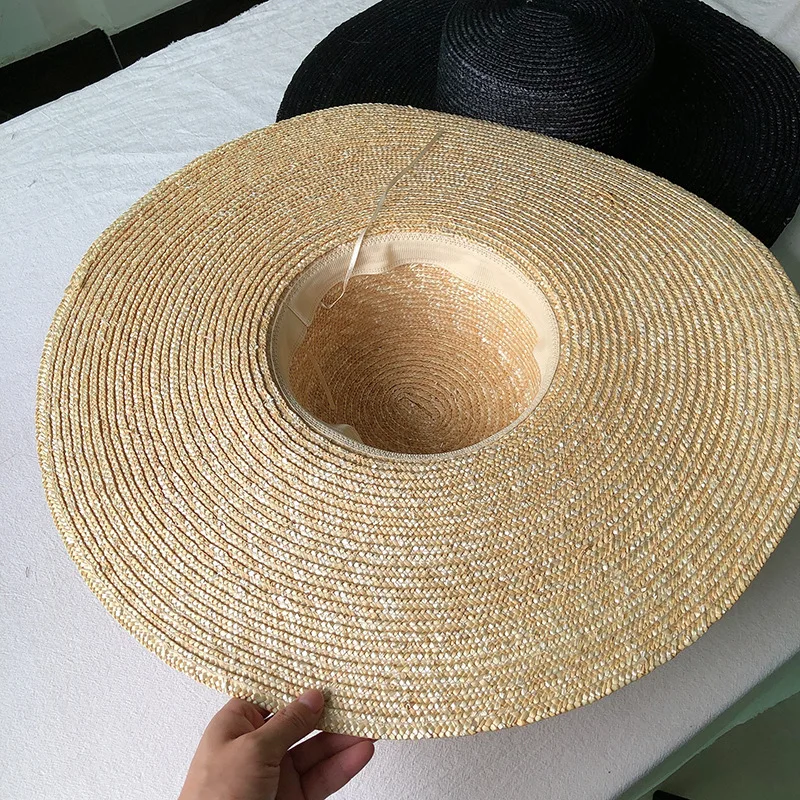 New Wide Brim Boater Hat 15cm Wide Brim Straw Hat Flat Women Summer Kentucky Derby Hat White Black Ribbon Tie Sun Hat Beach Cap