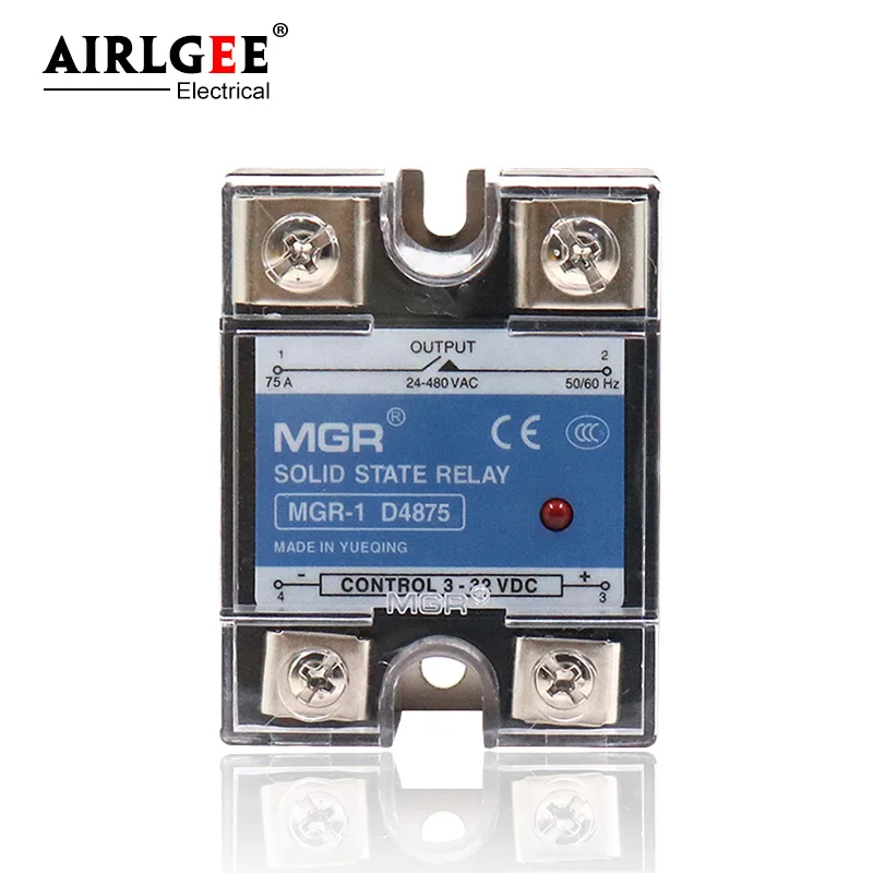 

MGR-1 D4875/SSR-75DA 75A Input 3-32VAC Output 24-480V AC AC Single Phase Solid State Relay DC control AC