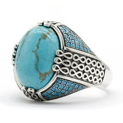 Natural Turquoise Stone Ring For Men Solid 925 Silver Male Ring Chains Vintage Party Ring Cool Style Turkey Ring for Women