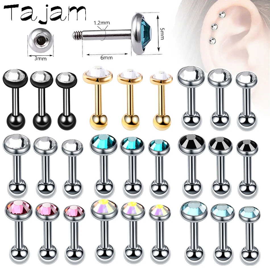 3Pcs/Set Surgical Steel Earring For Women Tragus Cartilage Piercing Barbells Gold Plated CZ Gem Ear Studs Jewelry Mixed Sizes