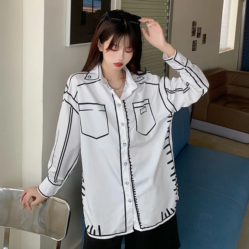 casual loose Fashion 3D printing shirts Women's Blouses ladies shirts 2024 Spring Autumn long sleeve Tops Blusas Mujer