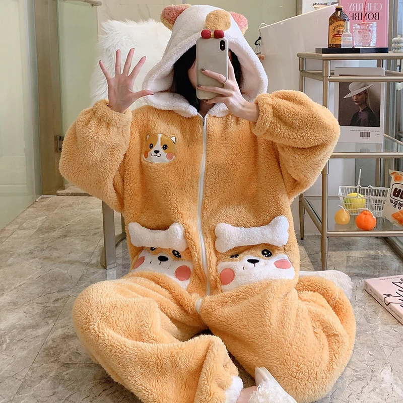 Women Sleepwear Plush Winter Pajamas Fashion Home Wear Cartoon Hooded Coral Velvet Nightgown Plus Size Flannel Nighty Add Fleece