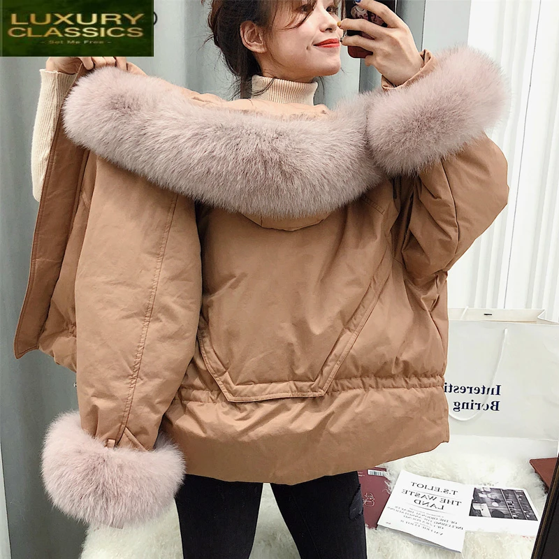 

White Jackets Womens Down Duck Down Coats Female Short Down Parka Real Large Fox Fur Collar Thick Warm Clothes LWL1350