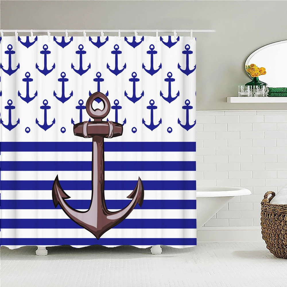 High Quality Blue Sail Anchor Geometric Printed Fabric Shower Curtains Bathtub Waterproof Products Bathroom Decor with 12 Hooks