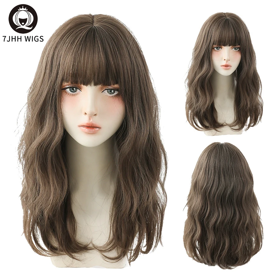 7JHH WIGS Long Wavy Synthetic Wigs With  Blend Fluffy Bangs Brown For Women\'s Daily Wear Four Seasons Heat-Resistant Hair Toupee