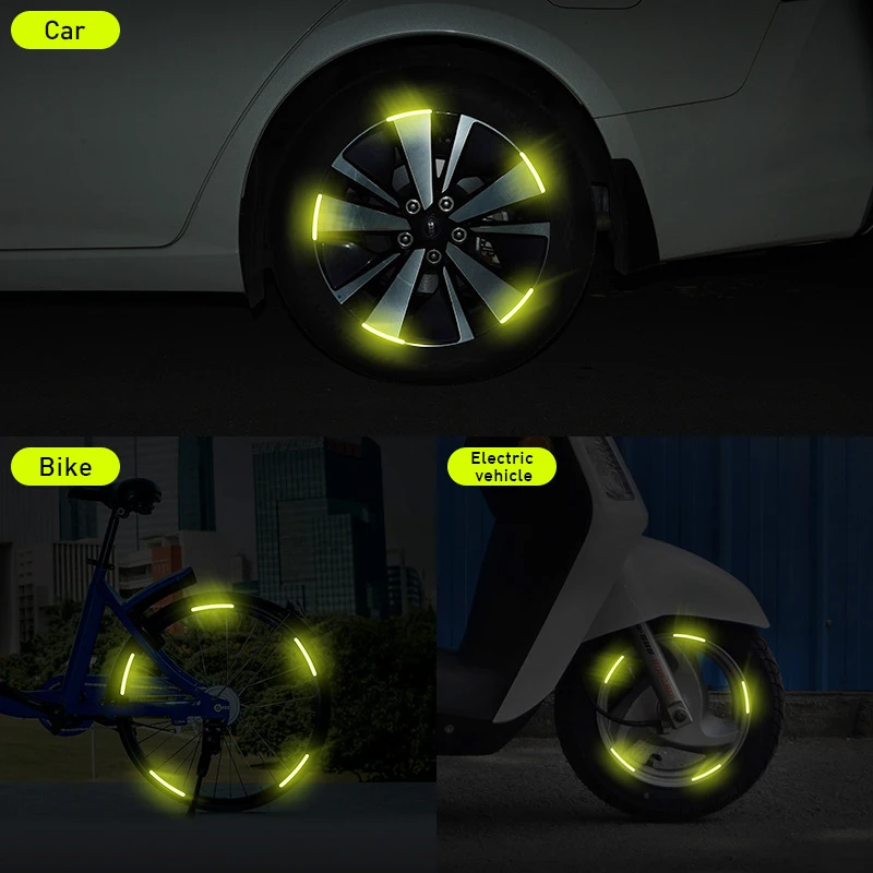 20pcs Wheel Hub Reflective Stickers Anti Scratch Auto Body Decorative Rim Tape Strips Warning Passing FOR Car Motorcycle Bicycle