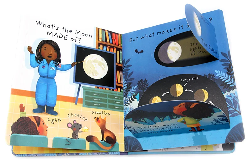 Qué es la luna Libros de imágenes con solapa 3D en inglés de Usborne para niños, libro de cuentos de lectura cognitiva, iluminación