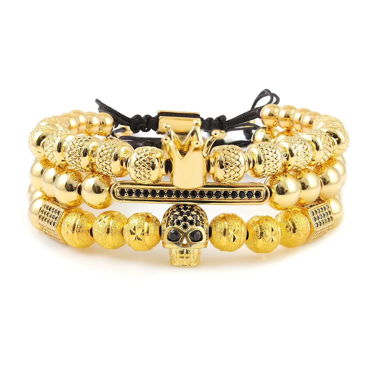 3pcs/set Luxury Men Bracelet King Crown Pattern Stainless Steel Beads CZ Skull Ball Men's Bracelets & Bangles For Men Jewelry